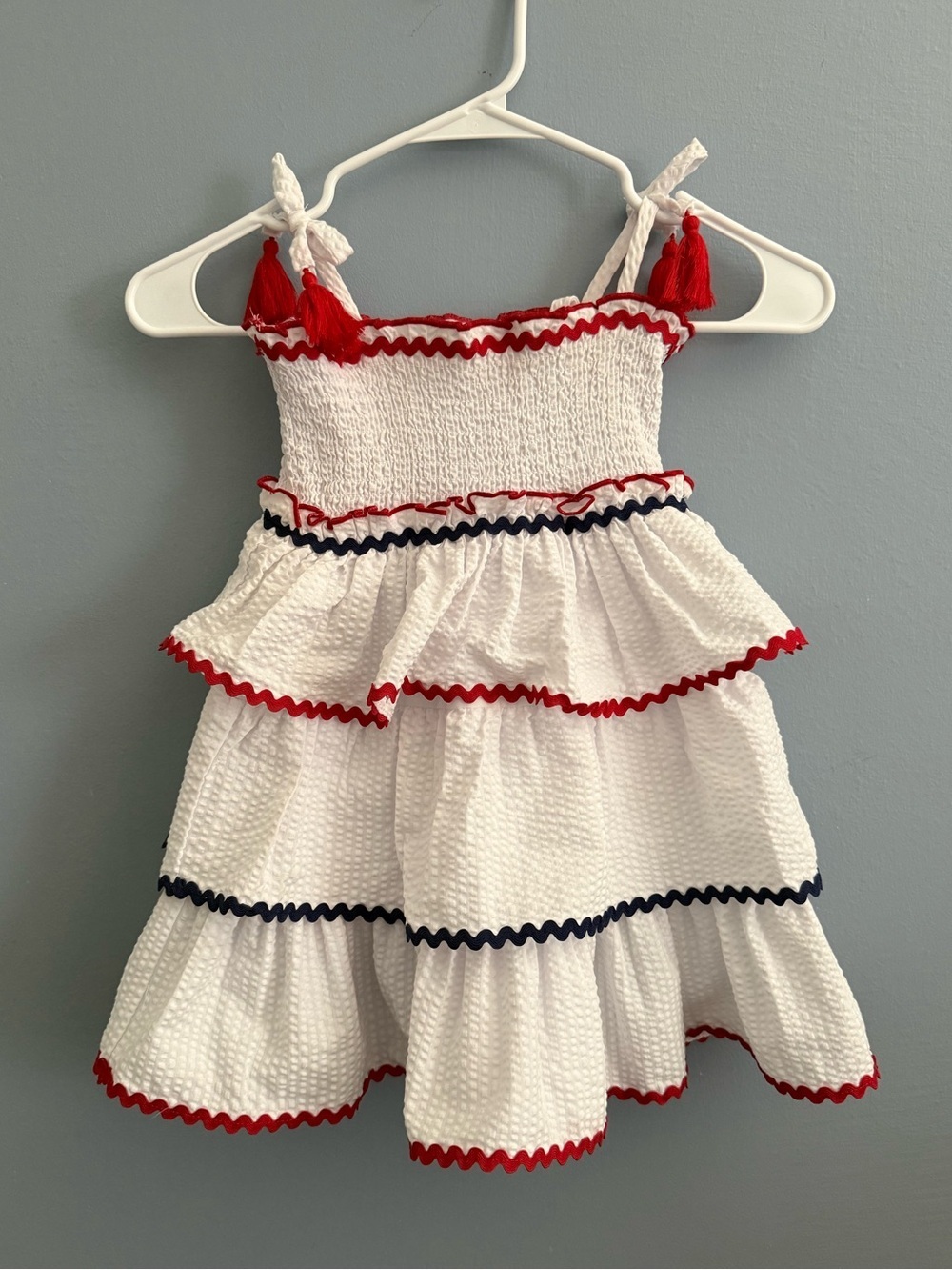 Iris & Ivy Americana White Smocked Tiered Dress with Ric-rac Trim